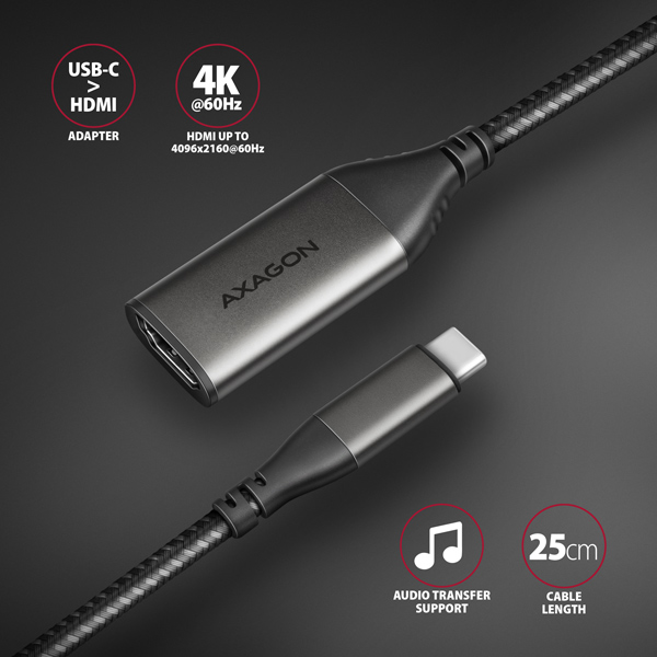 AXAGON RVC-HI2M USB-C Zu HDMI 2.0 Adapter 4K/60Hz Aluminum - 25 Cm...
