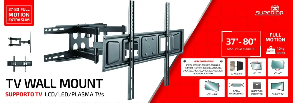 Superior Full Motion Extra Slim TV Wall Bracket - 37" to 80"｜Max 40Kg｜Vesa 600 x 400mm